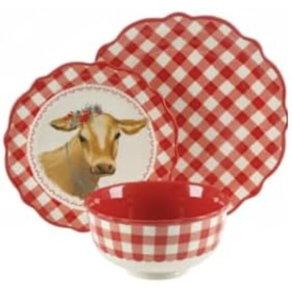 New Pioneer Woman "Brown Cow" Red Gingham 24-Piece Dinnerware Set for 8 - Picture 3 of 4